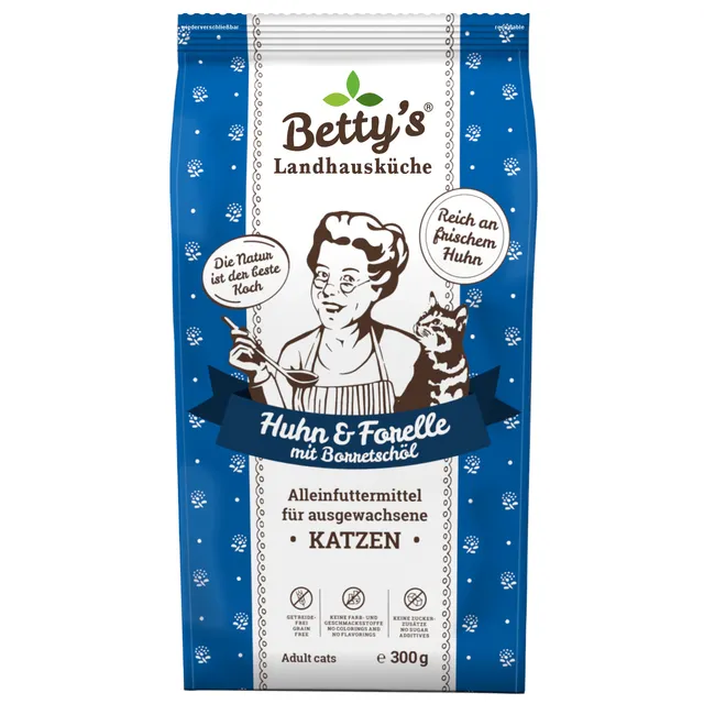 betty-s-landhausk-che-adult-huhn-forelle-trockenfutter-katze-300g image 1