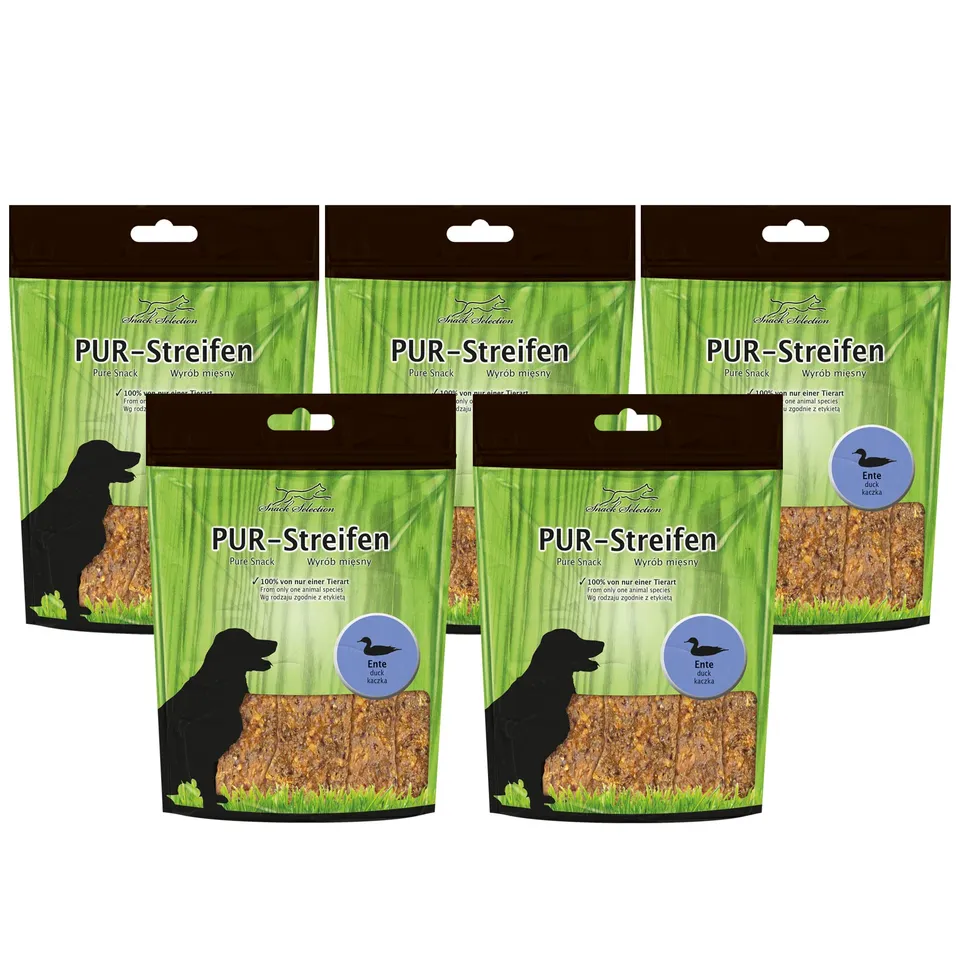 schecker-hundesnacks-pur-streifen-ente-5x100g-getreidefrei image 1
