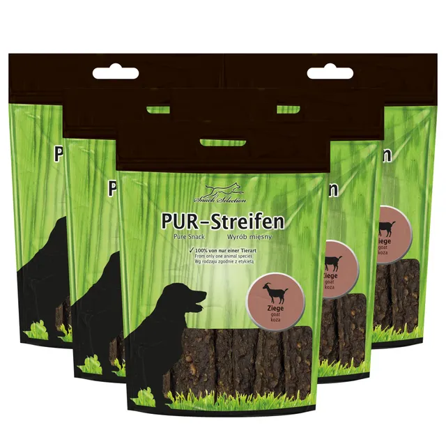schecker-pur-kaustreifen-ziege-hundesnacks-5x100g-monoprotein image 1